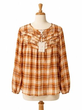 LC Lauren Conrad Plaid Button-Front Blouse in Brown and Cream